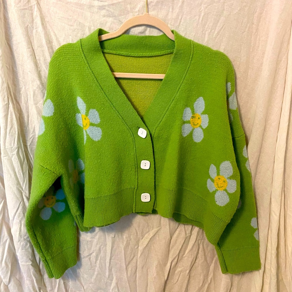 green floral cardigan!